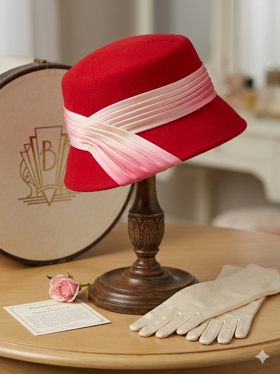 Newman-Endler Accessories - Vintage Newman-Endler 100% Wool Felt Cloche Hat | Red with Pink-Cream Ribbon